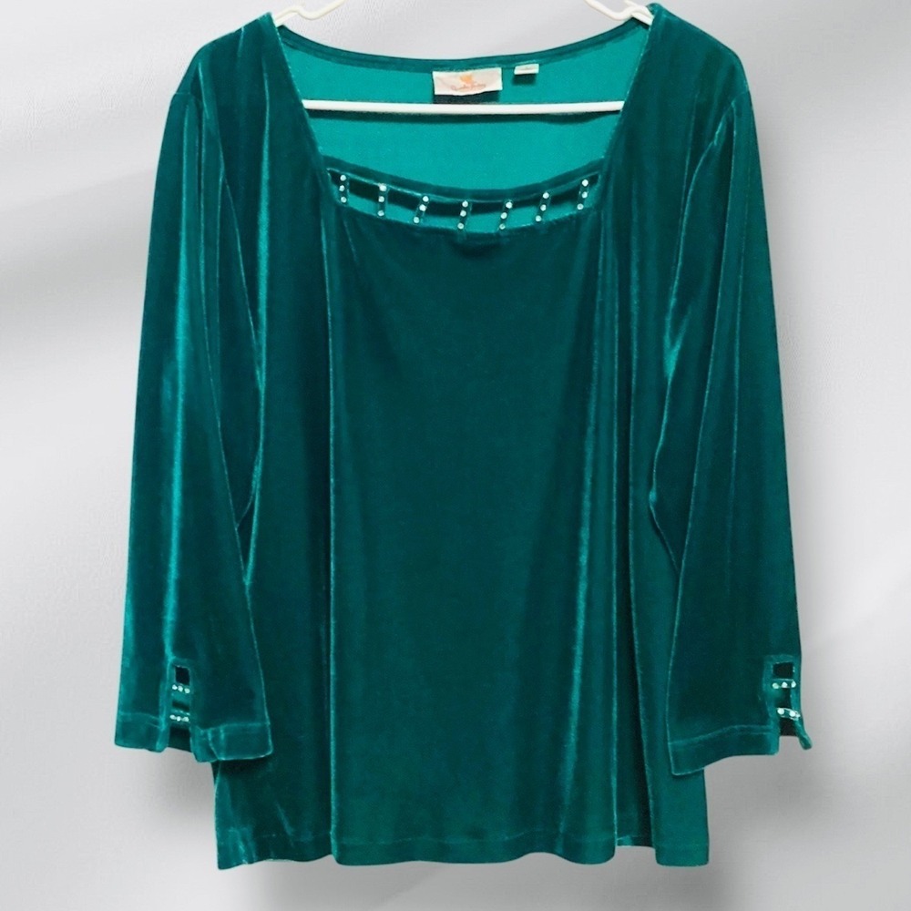 Quaker Factory Teal‎ Velvet Square Neck Embellished Long Sleeve Top Plus Size L